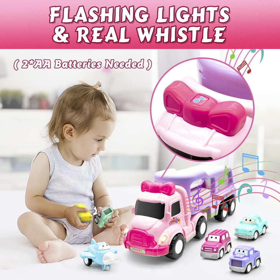 LASCOTON Toys for 1 2 Year Old Girl, 7-in-1 Carrier Truck, Toddler Girl Toys, Friction Power Toy Cars with Light & Sound, 1 2 3 Year Old Girl Gifts Birthday for Kids Girls Pink Toy