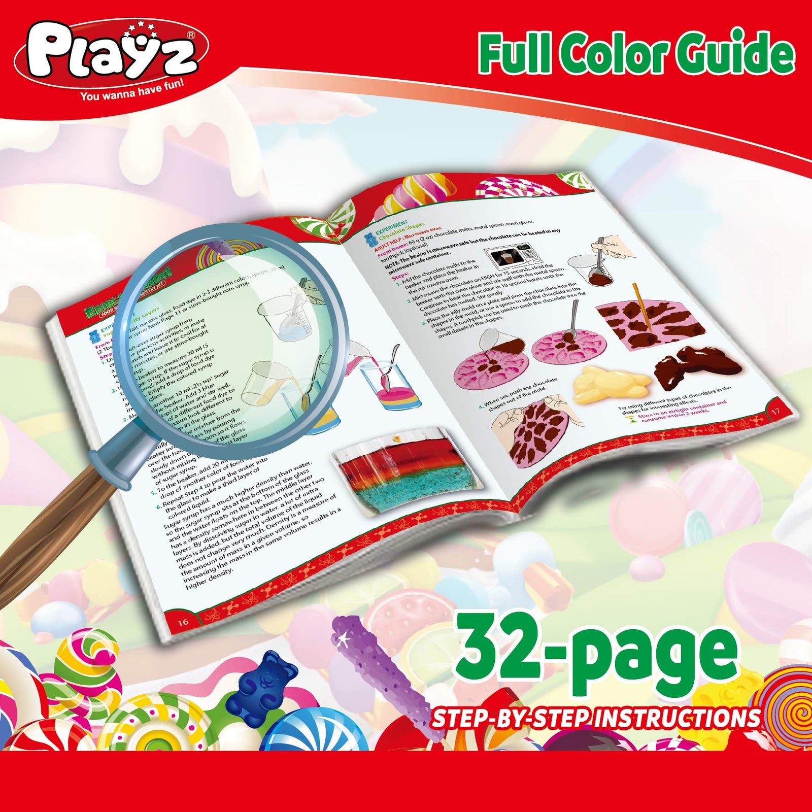 Playz Edible Candy! Food Science STEM Chemistry Kit - 40+ DIY Make Your Own Chocolates and Candy Experiments for Boy, Girls, Teenagers, & Kids Ages 8, 9, 10, 11, 12, 13+ Years Old