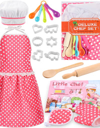 Kids Cooking Baking Set 17Pcs, Kids Chef Role Play Costume Set - Chef Hat and Matching Pink Apron Children Dress up Pretend Gift for 3 4 5 6 7 8 Year Old Girls Toys
