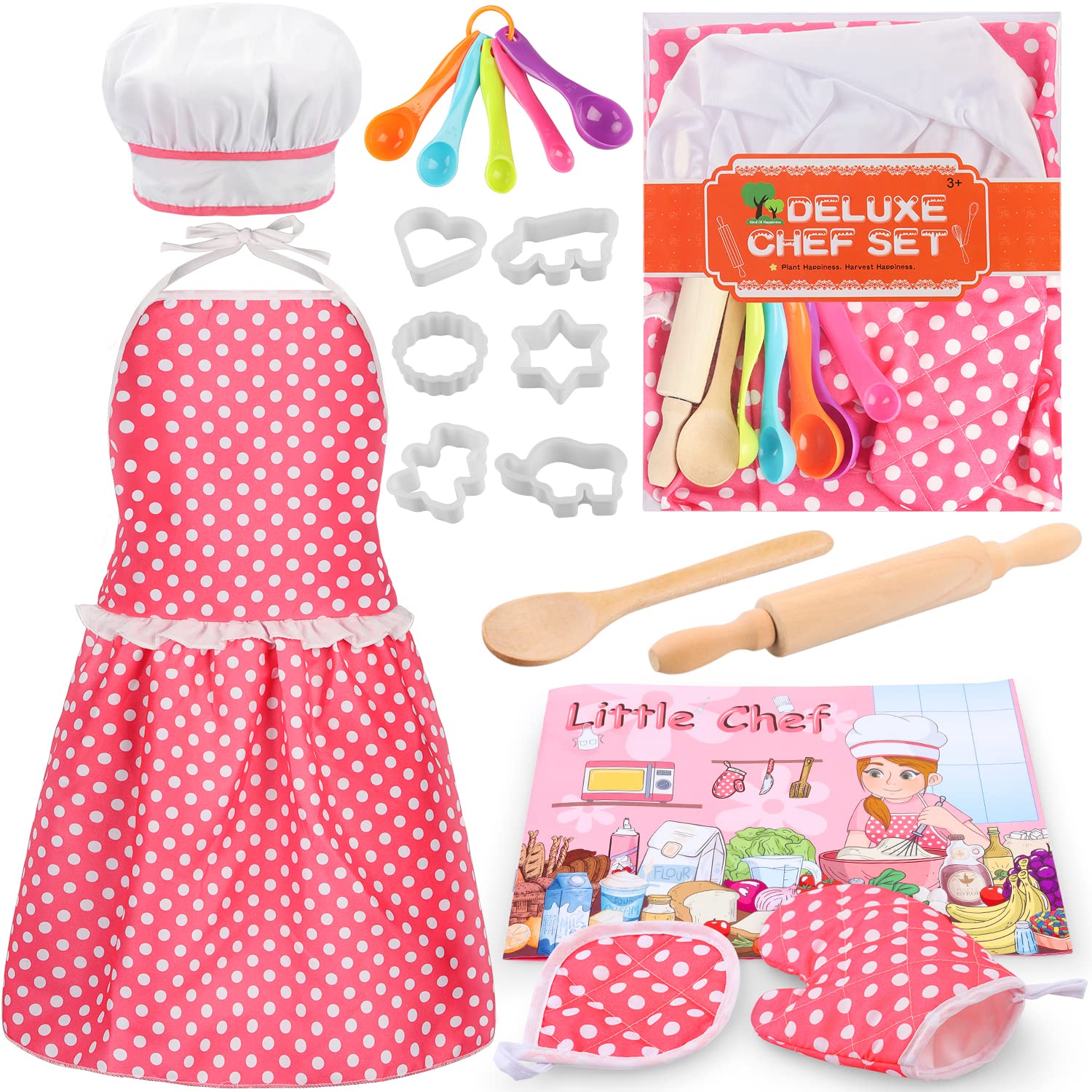 Kids Cooking Baking Set 17Pcs, Kids Chef Role Play Costume Set - Chef Hat and Matching Pink Apron Children Dress up Pretend Gift for 3 4 5 6 7 8 Year Old Girls Toys