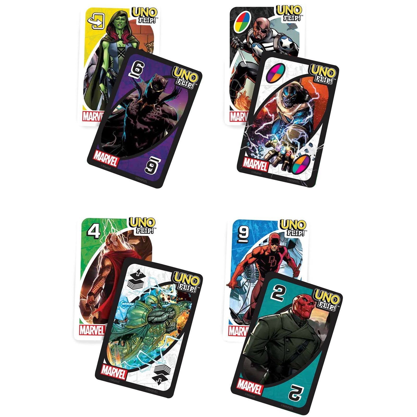 UNO FLIP Marvel Card Game with 112 Cards, Gift for Kid, Family & Adult Game Night for Players 7 Years & Older