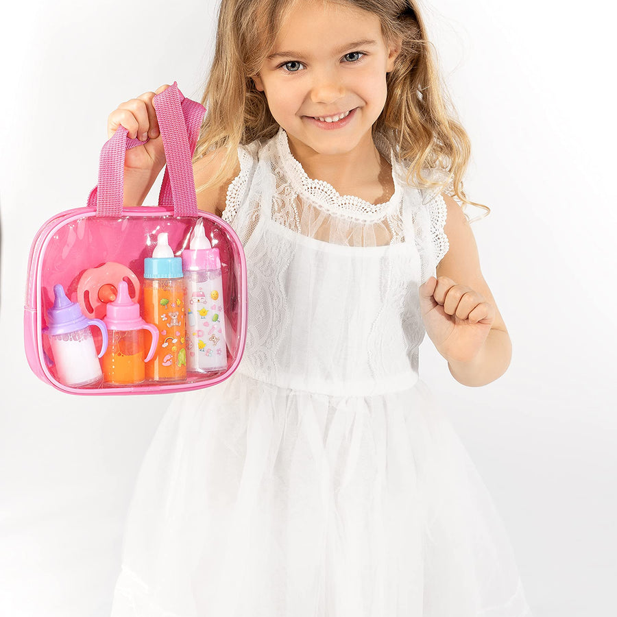 fash n kolor, My Sweet Baby Disappearing Doll Feeding Set | Baby Care 4 Piece Doll Feeding Set for Toy Stroller | 2 Milk & Juice Bottles with Toy Pacifier for Baby Doll,