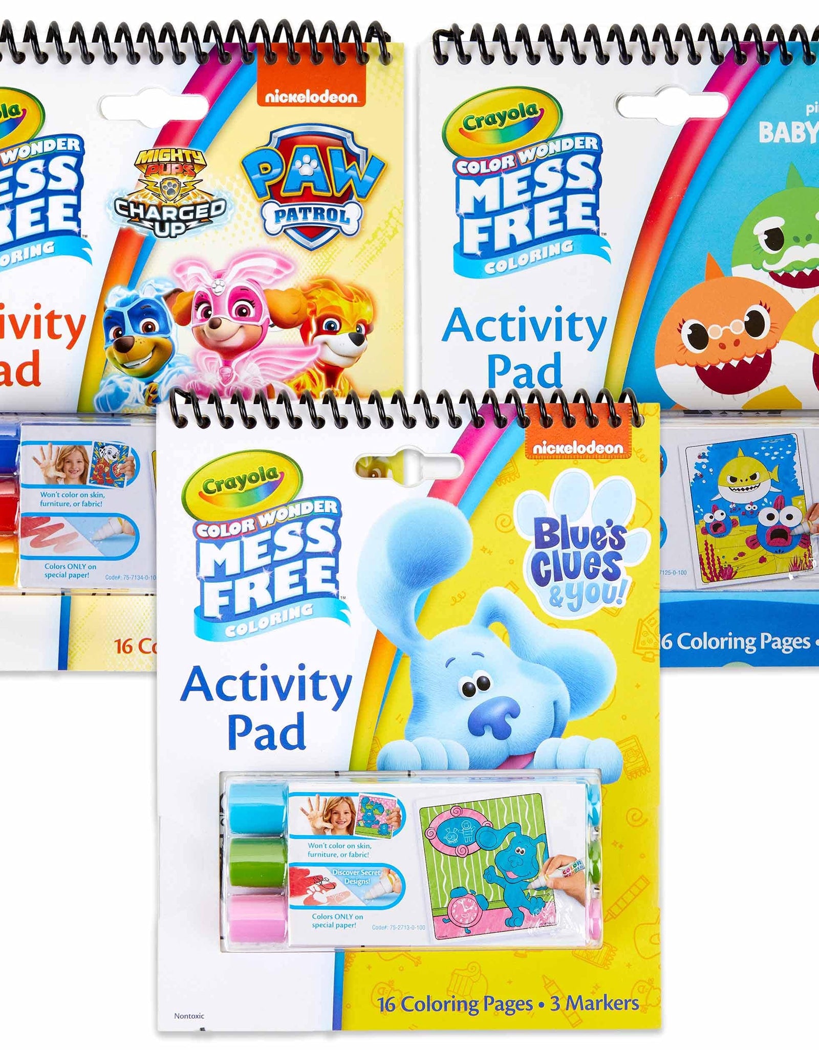 Crayola Baby Shark, Paw Patrol & Blues Clues, 3 Color Wonder Mess Free Coloring Pads & Markers, Stocking Stuffers, Kids Gifts