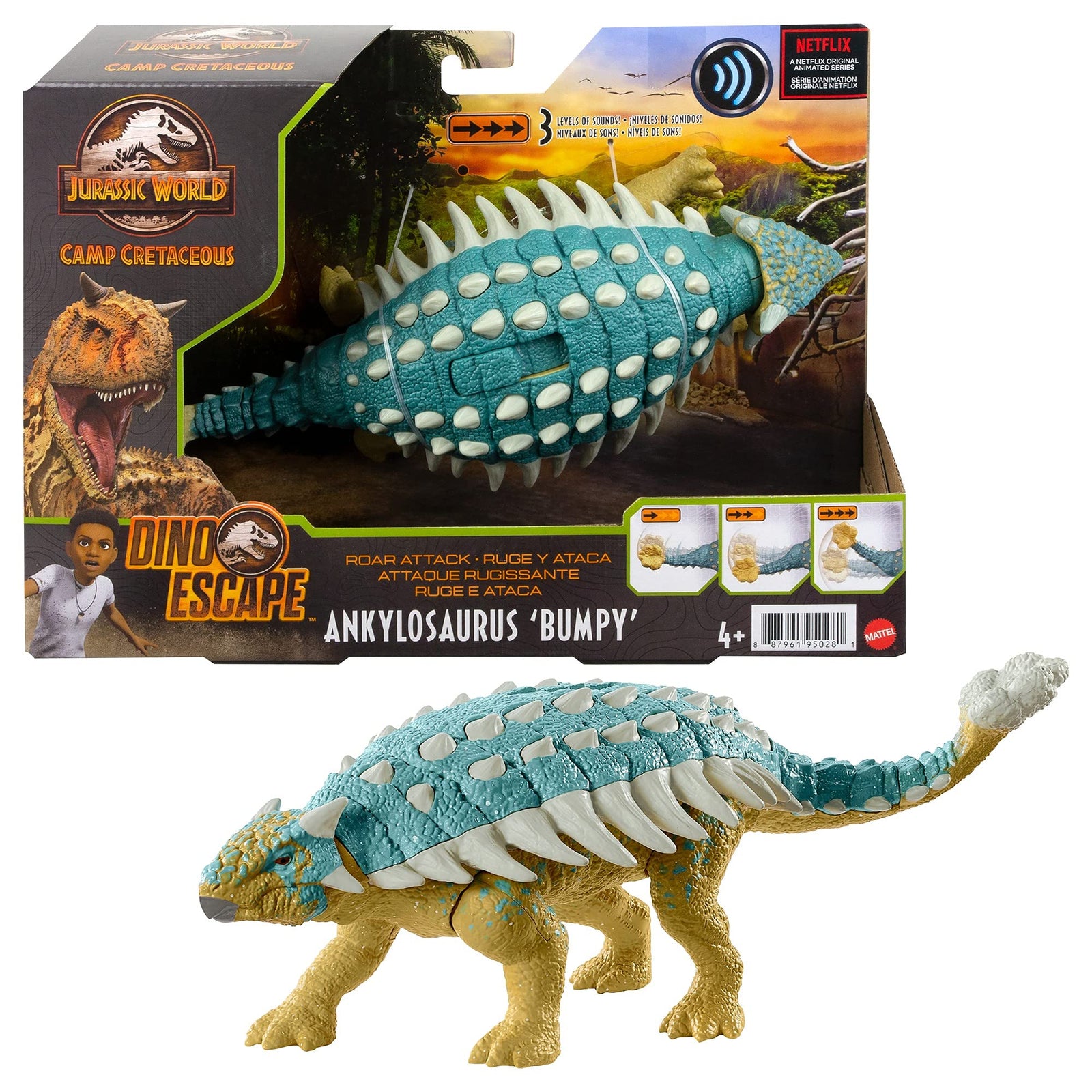 Jurassic World Roar Attack Ankylosaurus Bumpy Camp Cretaceous Dinosaur Figure with Movable Joints, Realistic Sculpting, Strike Feature & Sounds, Herbivore, Kids Gift 4 Years & Up