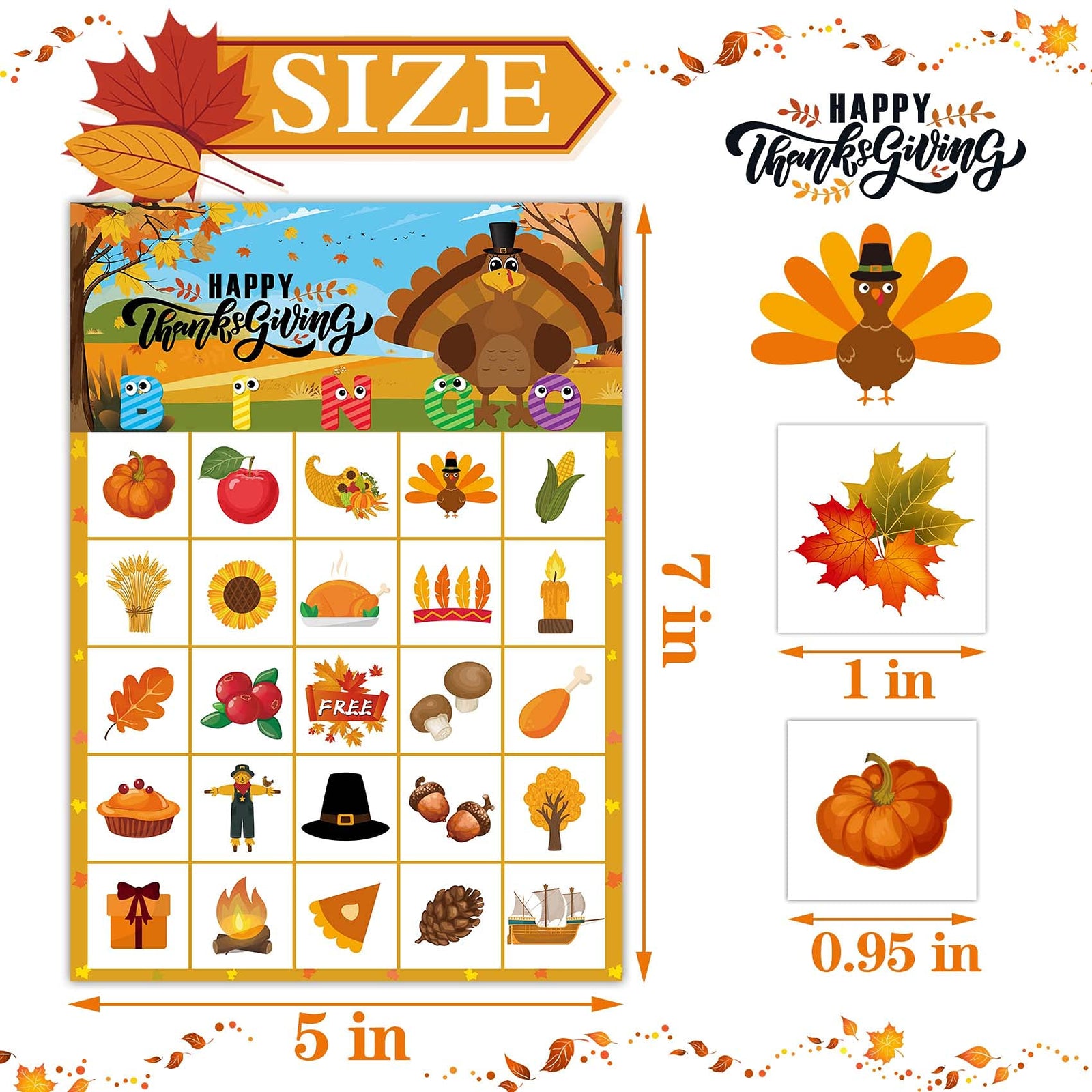 MISS FANTASY Thanksgiving Bingo Game for Kids Turkey Bingo Fall Bingo Game Cards for 24 Players Thanksgiving Party School Classroom Family Activities Thanksgivings Party Favors