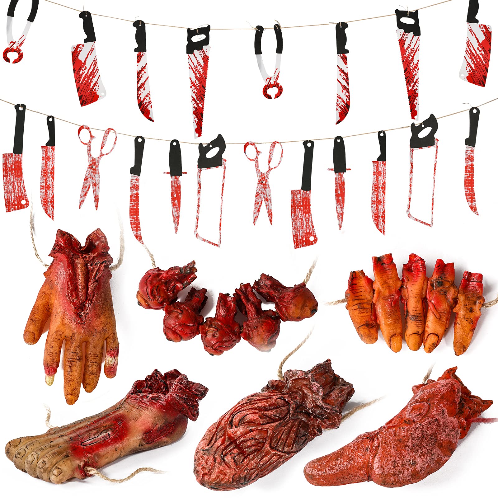 Halloween Blood Weapon Garland Banner Props Fake Scary Severed Hand Broken Body Parts for Haunted House Halloween Vampire Zombie Party Decorations Supplies (6pcs Body Parts + 20pcs Weapons)