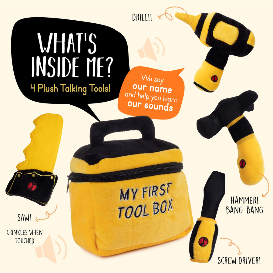 Toy Tool Set for Toddlers | Includes Cuddly Hammer, Handsaw, Screwdriver, Hand Drill, & Zippered Tool Box with Cool Sounds | Soft Plush Toys Made from Durable & Hypoallergenic Fabric