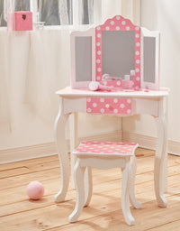 Teamson Kids Gisele Polka Dot Wooden Vanity Set with Tri-Fold Mirror and Chair Table & Stool Set, Pink/White

