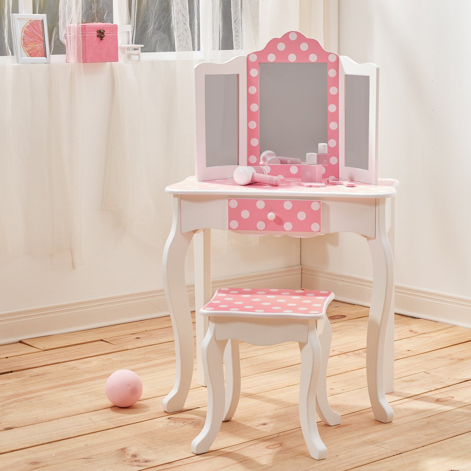 Teamson Kids Gisele Polka Dot Wooden Vanity Set with Tri-Fold Mirror and Chair Table & Stool Set, Pink/White