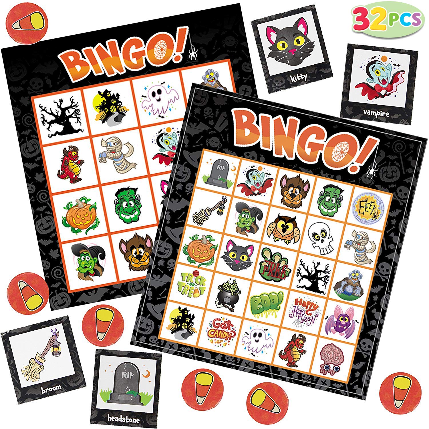 JOYIN 32 Halloween Bingo Game Cards (4x4 & 5x5) – 16 Players for Halloween Party Card Games, School Classroom Games, Trick or Treating, Halloween Party Favors Supplies, Family Activity