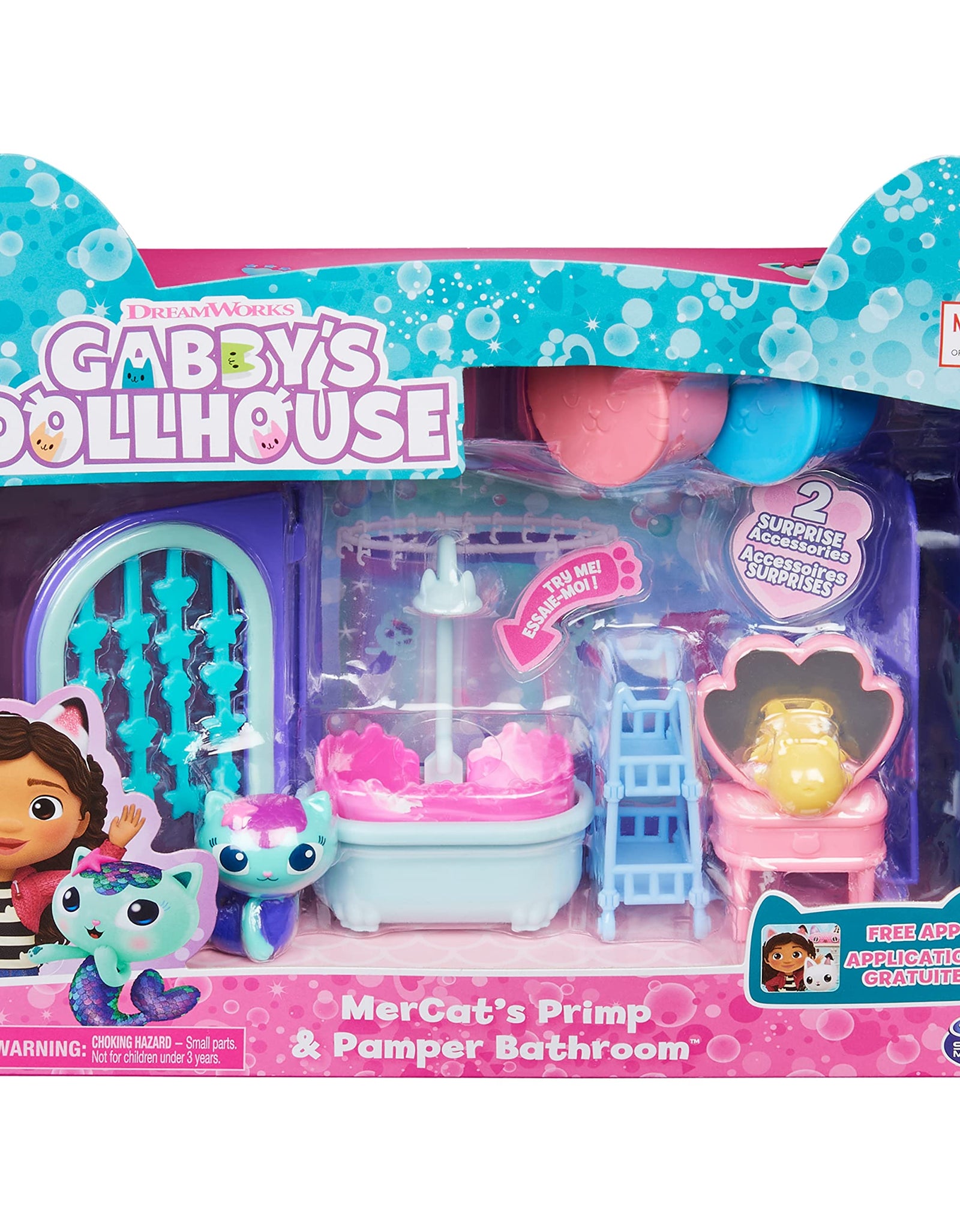 Gabby's Dollhouse, Primp and Pamper Bathroom with Mercat Figure, 3 Accessories, 3 Furniture and 2 Deliveries, Kids Toys for Ages 3 and up