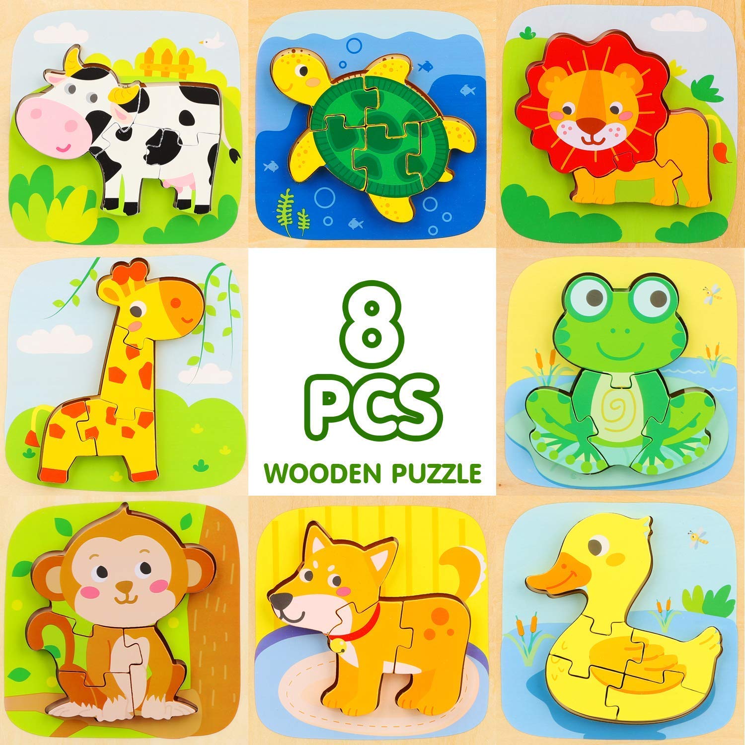 TOY Life Wooden Puzzles for Toddlers 1-3, Baby Puzzles Montessori Toy Toddler Gifts for 1 2 3 Year Old Girls Boys, 8 Animal Shape Puzzles for Kids Age 2-4, STEM Educational Learning Toy for Toddler