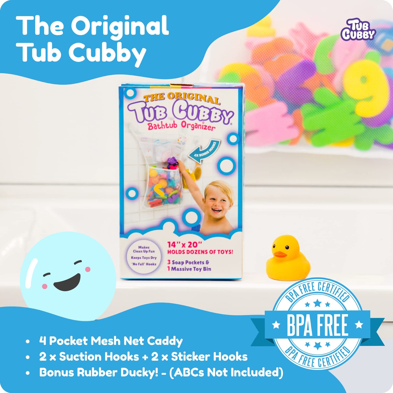 Original Tub Cubby Bath Toy Storage - Hanging Bath Toy Holder, with Suction & Adhesive Hooks, 14"x20" Mesh Net Shower Caddy for Kids Bathroom Decor, Bedroom & Car Toy Organizer - Bonus Rubber Duck & Hooks