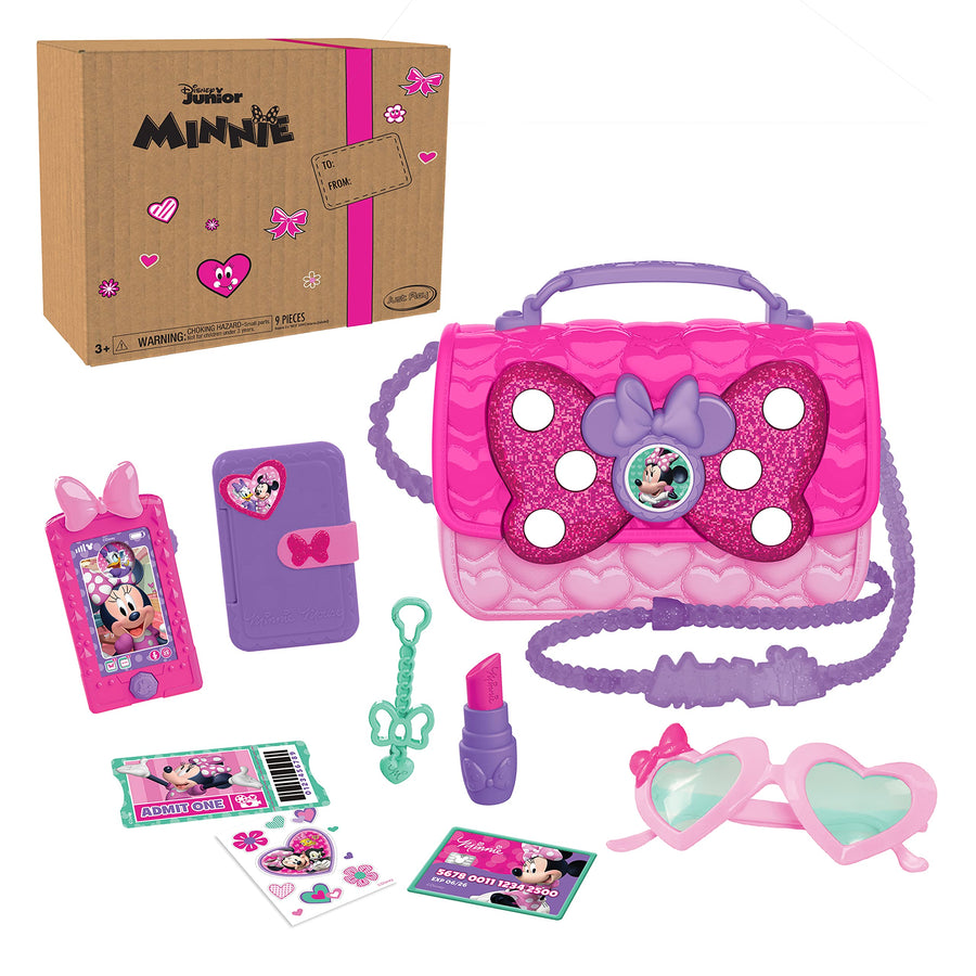 Disney Junior Minnie Mouse Bowfabulous Bag Set, 9 Piece Pretend Play Purse with Lights and Sounds Cell Phone, Sunglasses, and Accessories, by Just Play