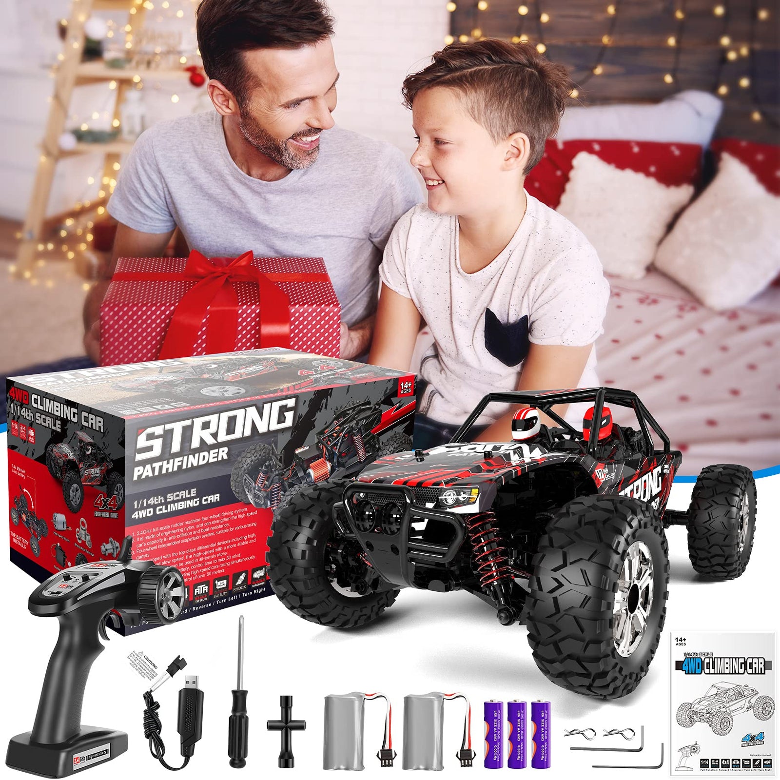 RADCLO 1:14 Scale RC Cars, 4WD High Speed 40 Km/h Monster RC Truck for All Terrain, 2.4 GHz Remote Control Car with Headlight and Two 7.4v Rechargeable Batteries for Boys Girls Kids and Adults