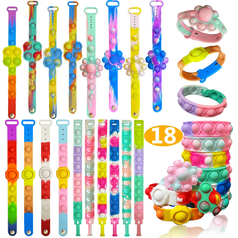 18PCS Pop Fidget Bracelets Toys, Wristband Fidget Toys Sets, Adjustable Stress Relief Push Pop Bubbles Fidget Sensory Toy Wearable for Kids and Adults