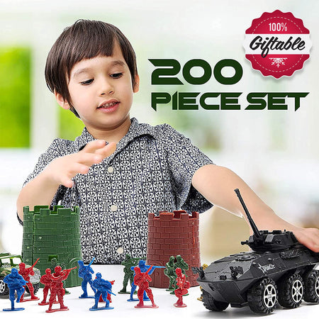 JaxoJoy 200-Piece Army Men Military Set - Cool Mini Action Figure Play Set w/ Soldiers, Vehicles, Aircraft & Boats - Pretend WWII Army Base & Military Toy Figurines for Boys
