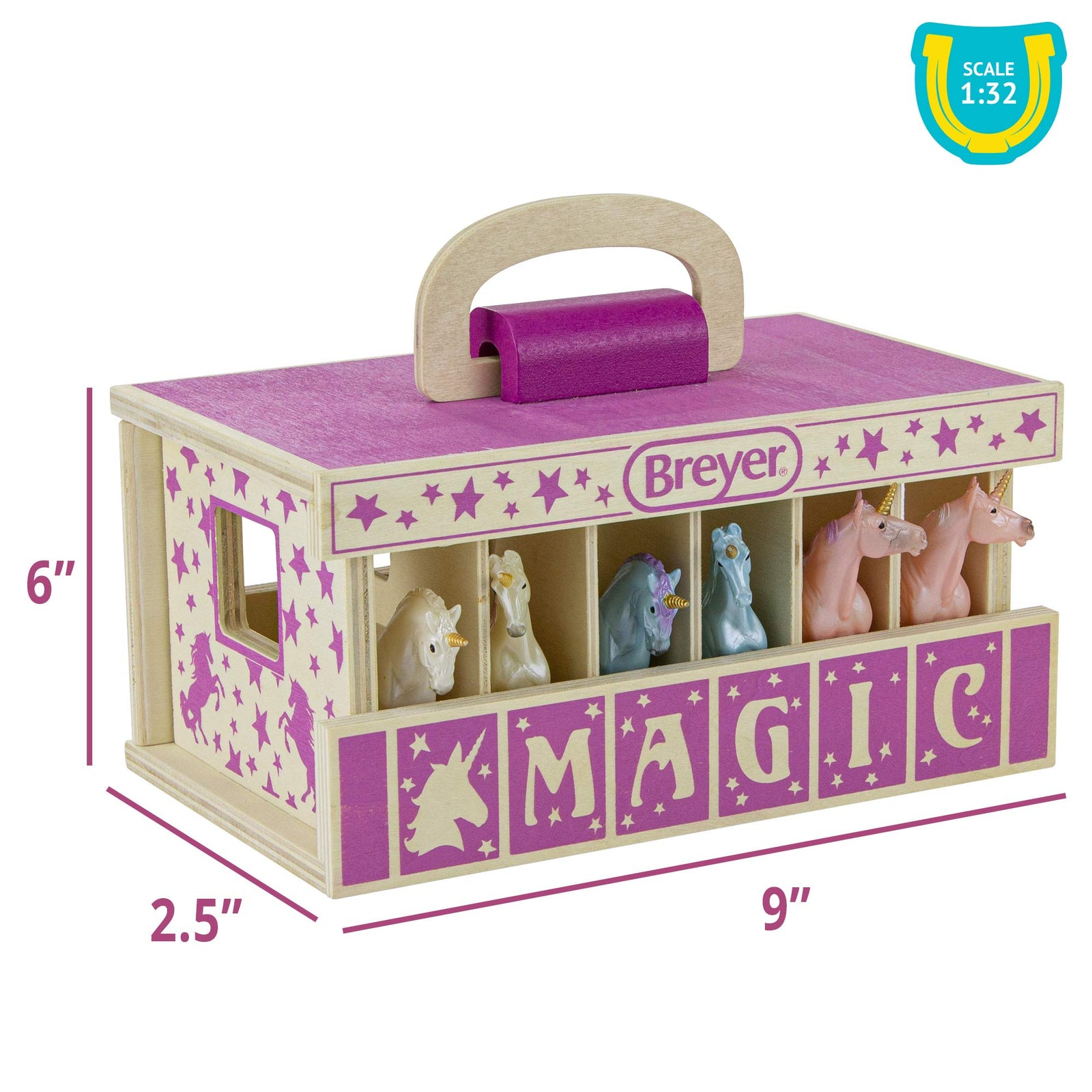 Breyer Horses Unicorn Magic Wooden Stable Playset with 6 Unicorns | 6 Piece Playset | 6 Stablemates Unicorns Included | 6” H x 9” L x 2.5” D | 1:32 Scale | Model #59218, Multicolor