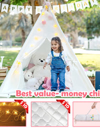 Tiny Land Kids Teepee Tent with Mat & Light String & Carry Case-Kids Foldable Play Tent-Toys for Girls Indoor Outdoor Games, Raw White Canvas Teepee-Kids Playhouse-Portable Kids Tent
