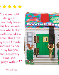 Melissa & Doug Take-Along Wooden Doorbell Dollhouse - Doorbell Sounds, Keys, 4 Poseable Wooden Dolls
