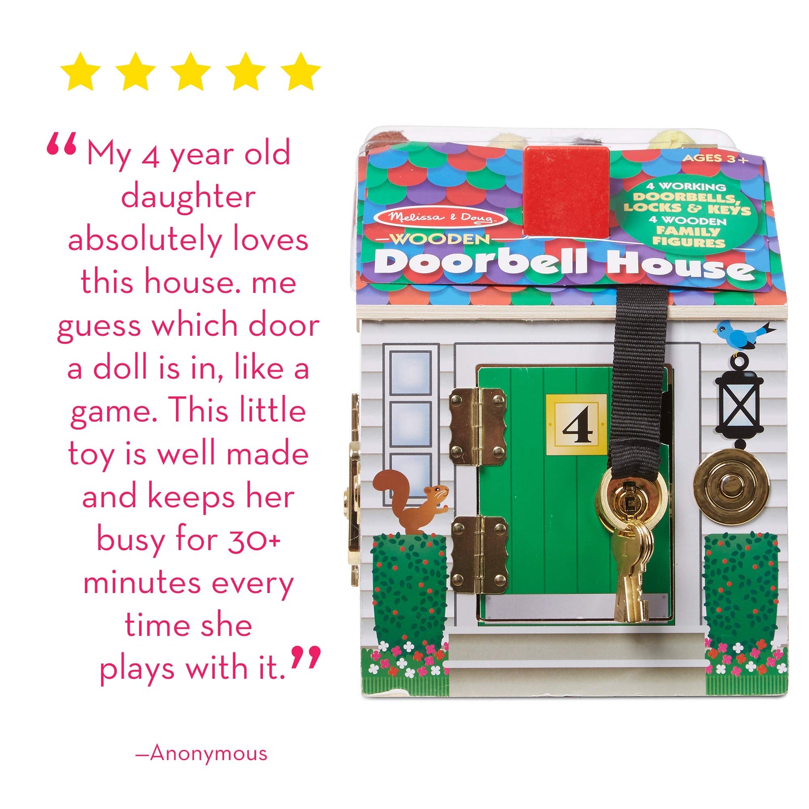 Melissa & Doug Take-Along Wooden Doorbell Dollhouse - Doorbell Sounds, Keys, 4 Poseable Wooden Dolls