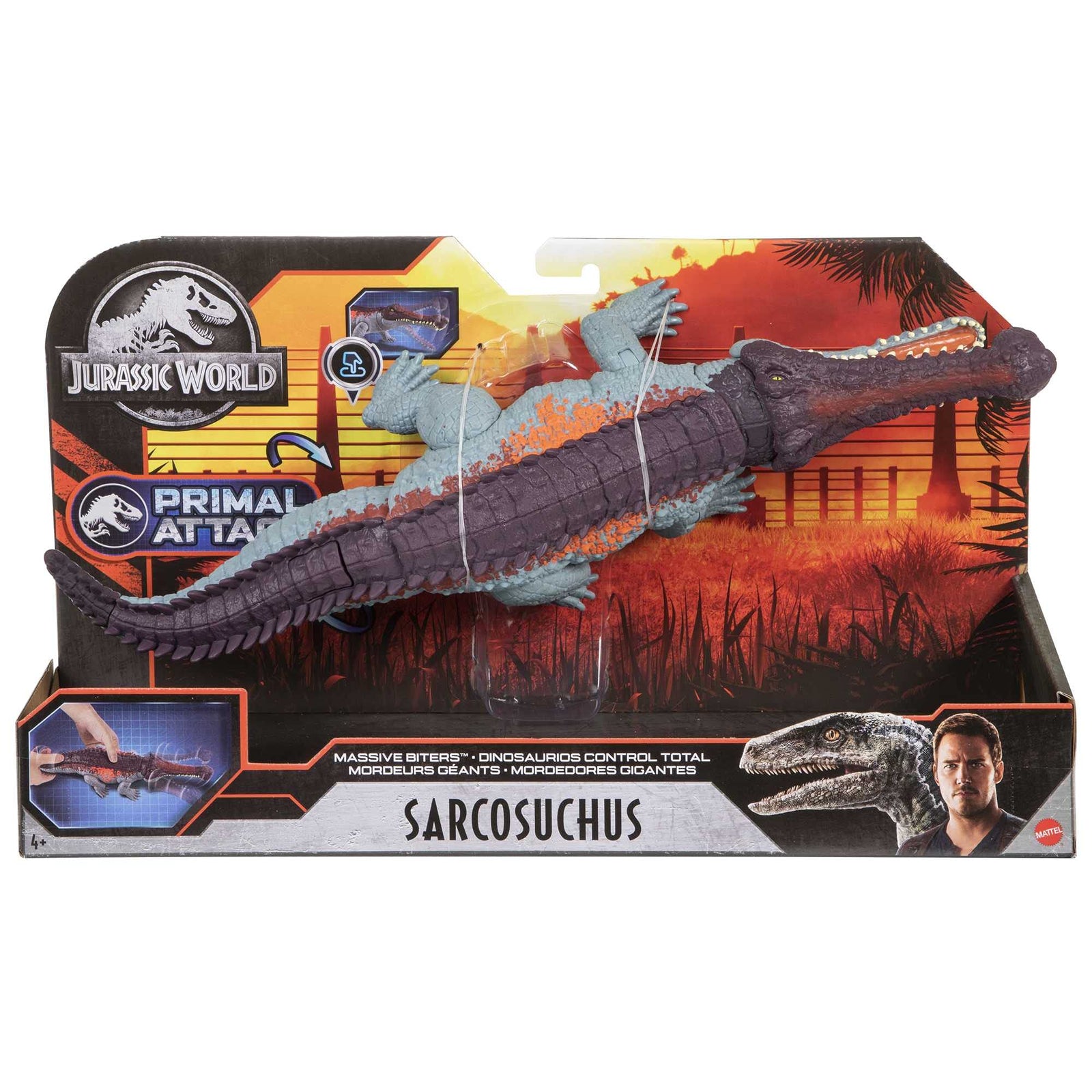 Jurassic World Sarcosuchus Massive Biters Larger-Sized Dinosaur Action Figure with Tail-Activated Strike and Chomping Action, Movable Joints, Movie-Authentic Detail; Ages 4 and Up