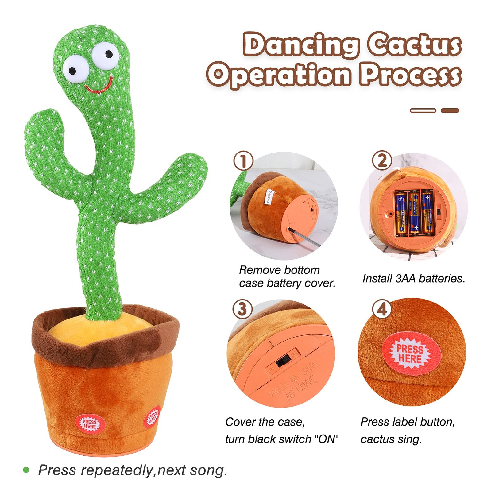 Kids Dancing Cactus Toys for Baby Boys and Girls, Talking Sunny Cactus Toy Electronic Plush Toy Singing, Record & Repeating What You Say with 120 English Songs and LED Lighting for Home Decor