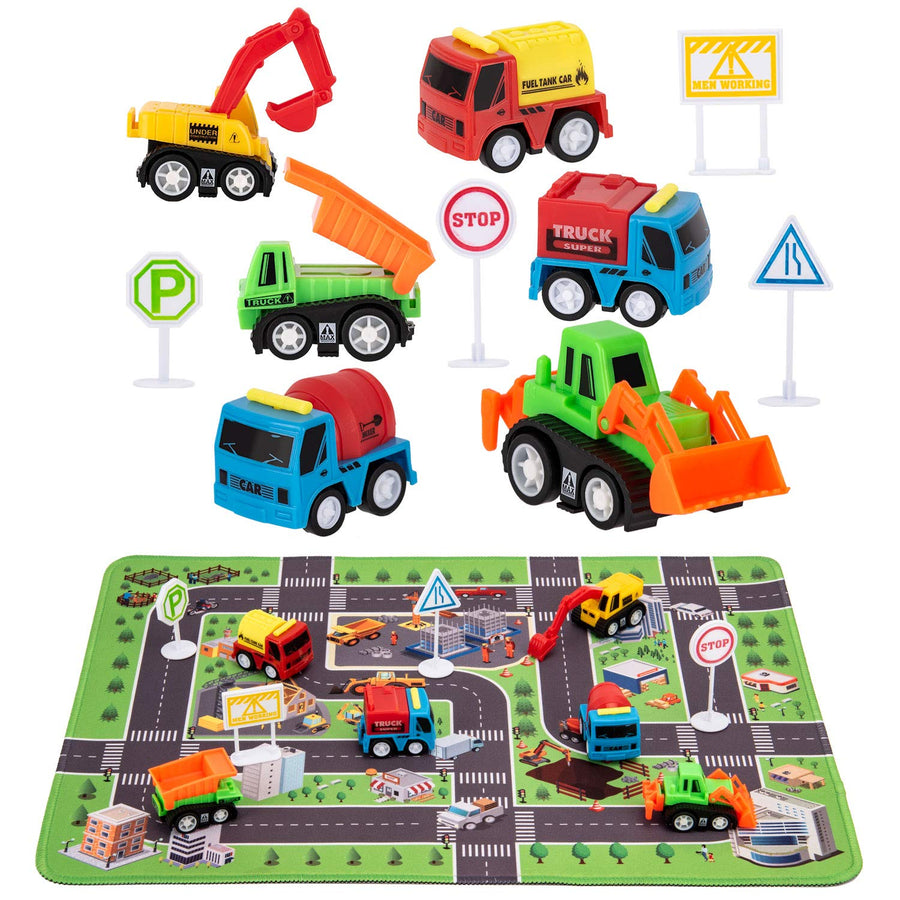 Construction Toys with Play Mat, Engineering Vehicles Set Include 6 Construction Trucks, 4 Road Signs, 14" x 18" Playmat, Pull Back Car Toys, Toys for 3 4 5 Year Old Boys Toddle Kid
