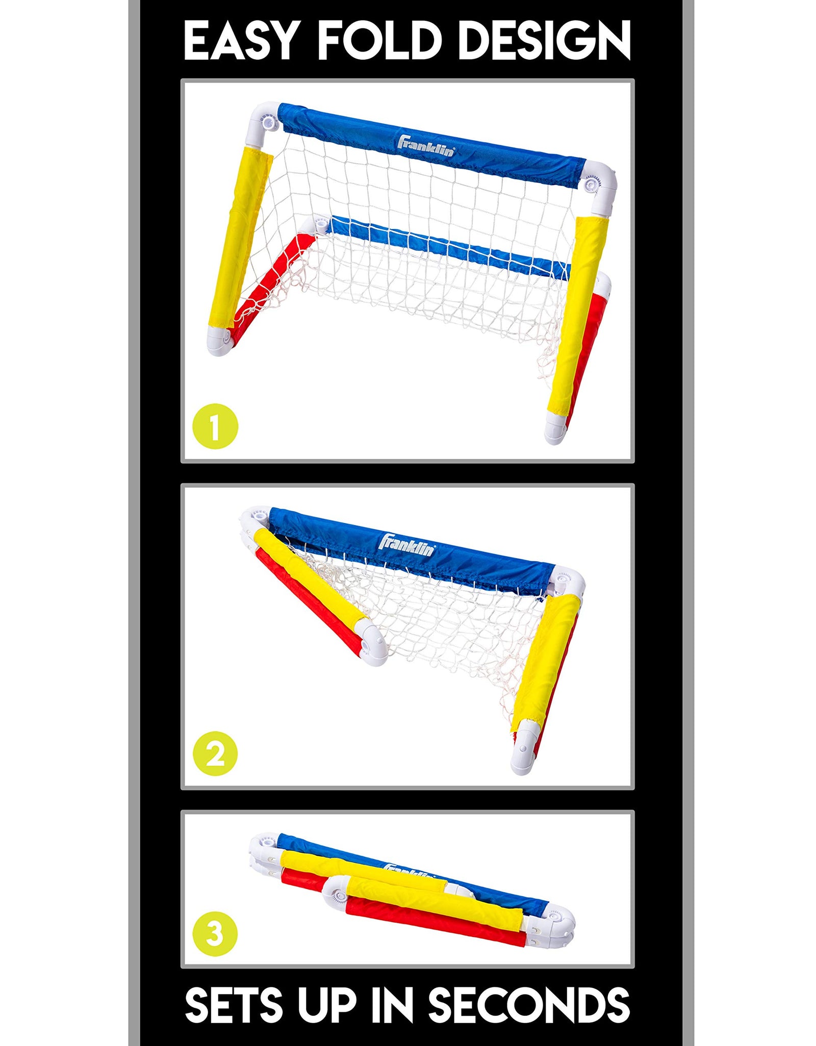 Franklin Sports Kids Mini Soccer Goal Set - Backyard/Indoor Mini Net and Ball Set with Pump - Portable Folding Youth Soccer Goal Set - 24" x 16" , Red/Blue/Yellow