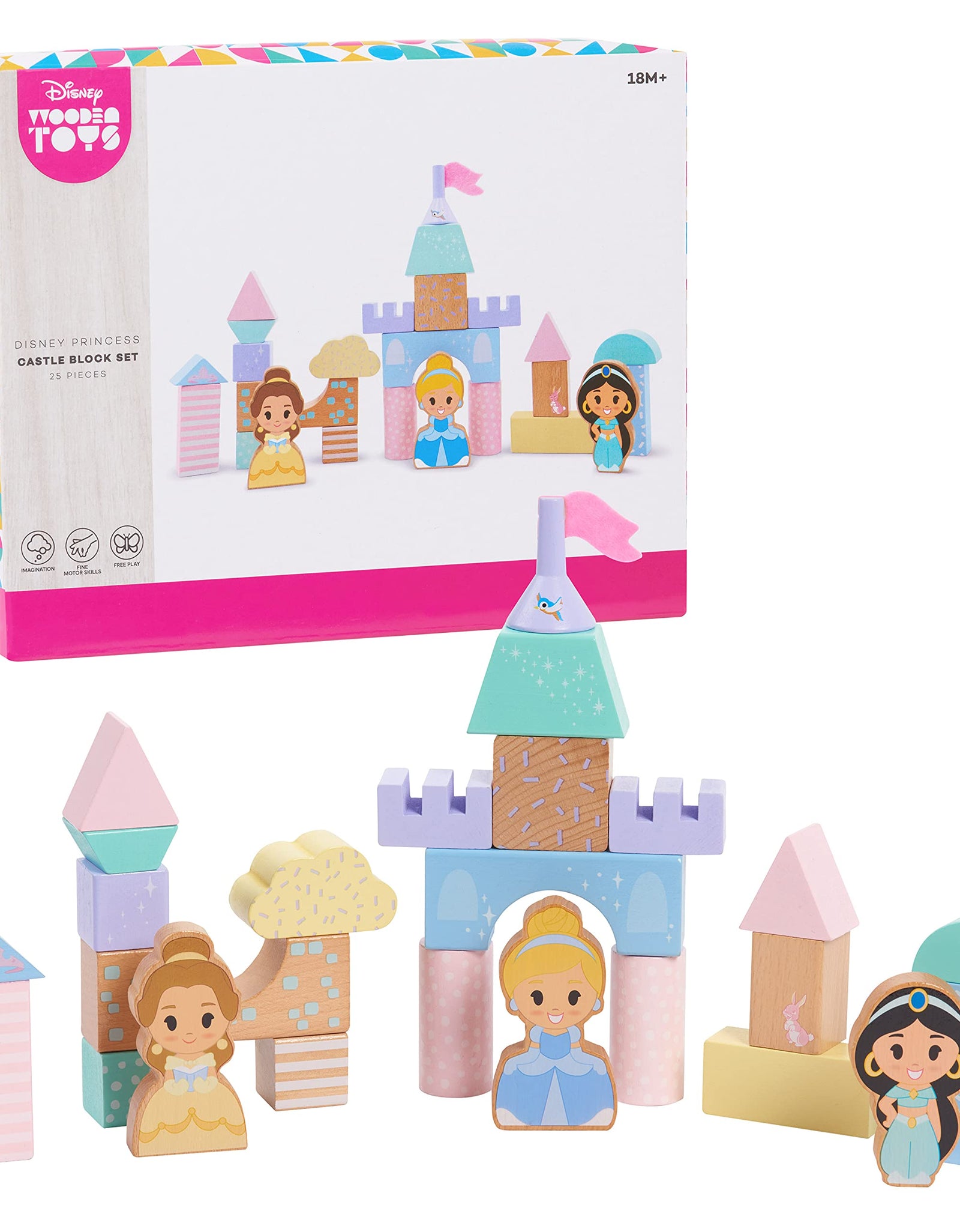 Disney Wooden Toys Princess Castle Block Set, 25-Pieces Include Cinderella, Belle, and Jasmine Block Figures, Amazon Exclusive, by Just Play