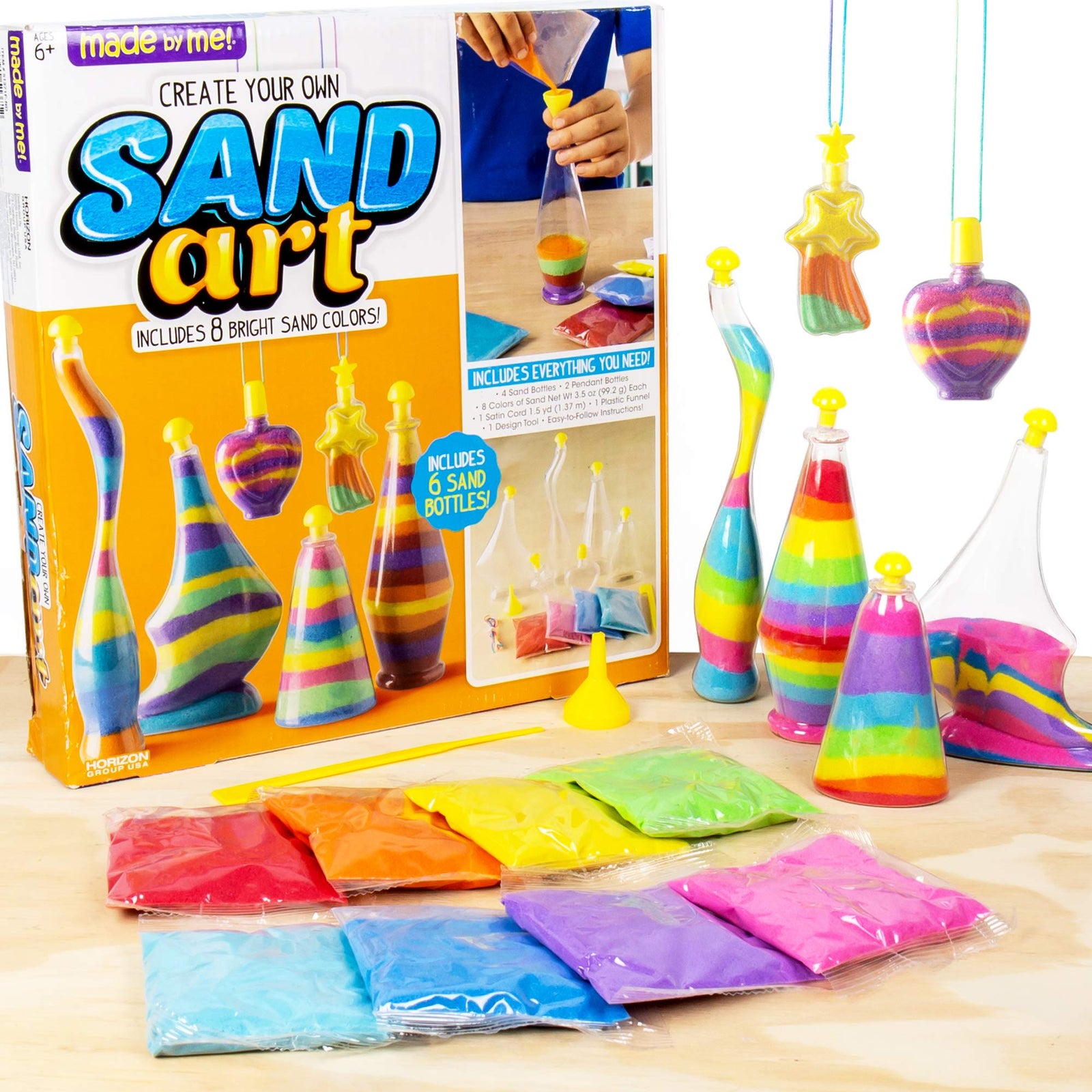 Made By Me Create Your Own Sand Art by Horizon Group Usa, DIY Kit Includes 4 Sand Bottles & 2 Pendent Bottles with 8 Bright Sand Colors, Designing Tool & More. Multicolored