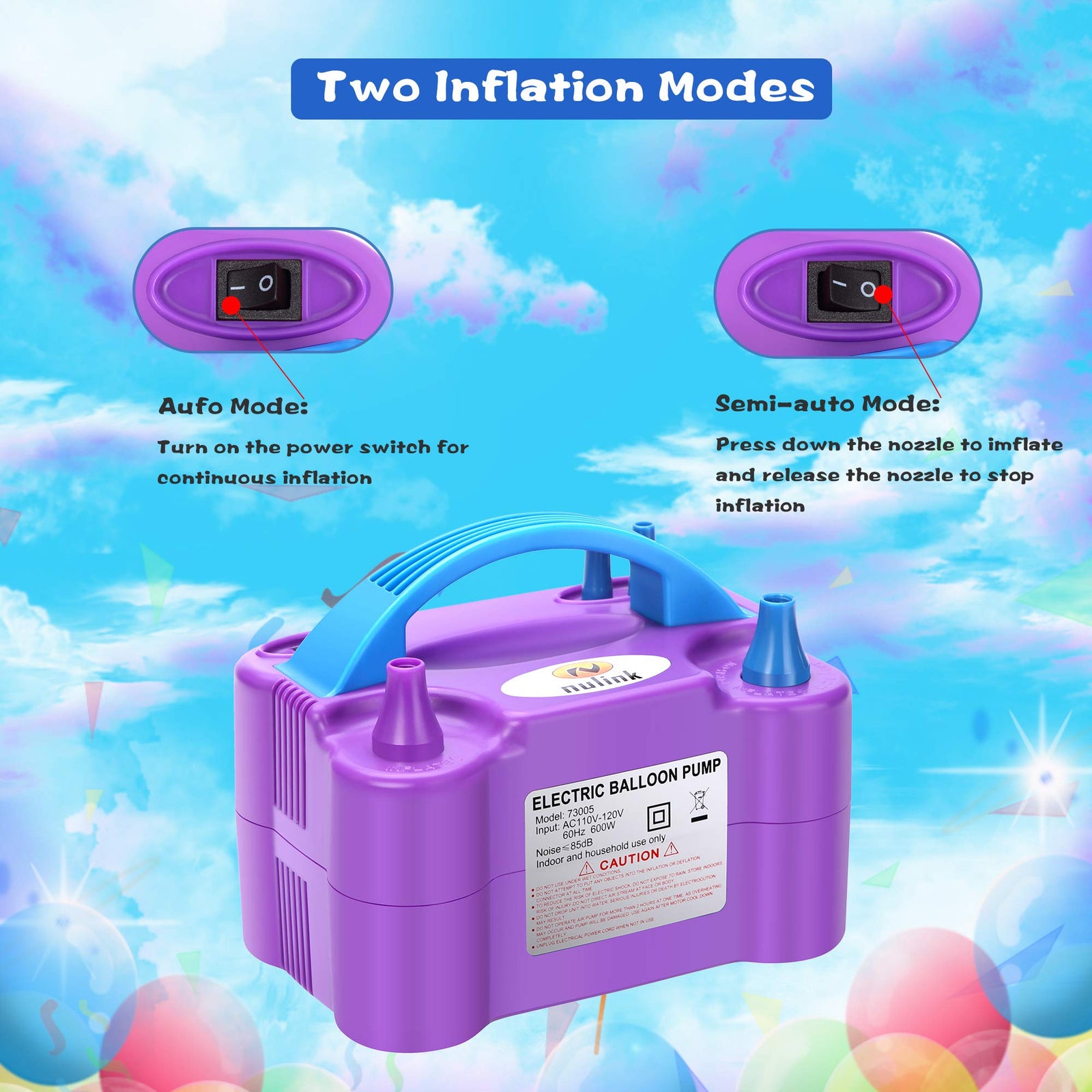 NuLink Electric Portable Dual Nozzle Balloon Blower Pump Inflation for Decoration, Party, Sport [110V~120V, 600W, Purple]
