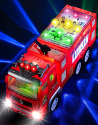 Electric Fire Truck Kids Toy - with Bright Flashing 4D Lights & Real Siren Sounds | Bump and Go Firetruck for Boys | Automatic Steering on Contact | Fire Engine Toy Trucks for Imaginative Play
