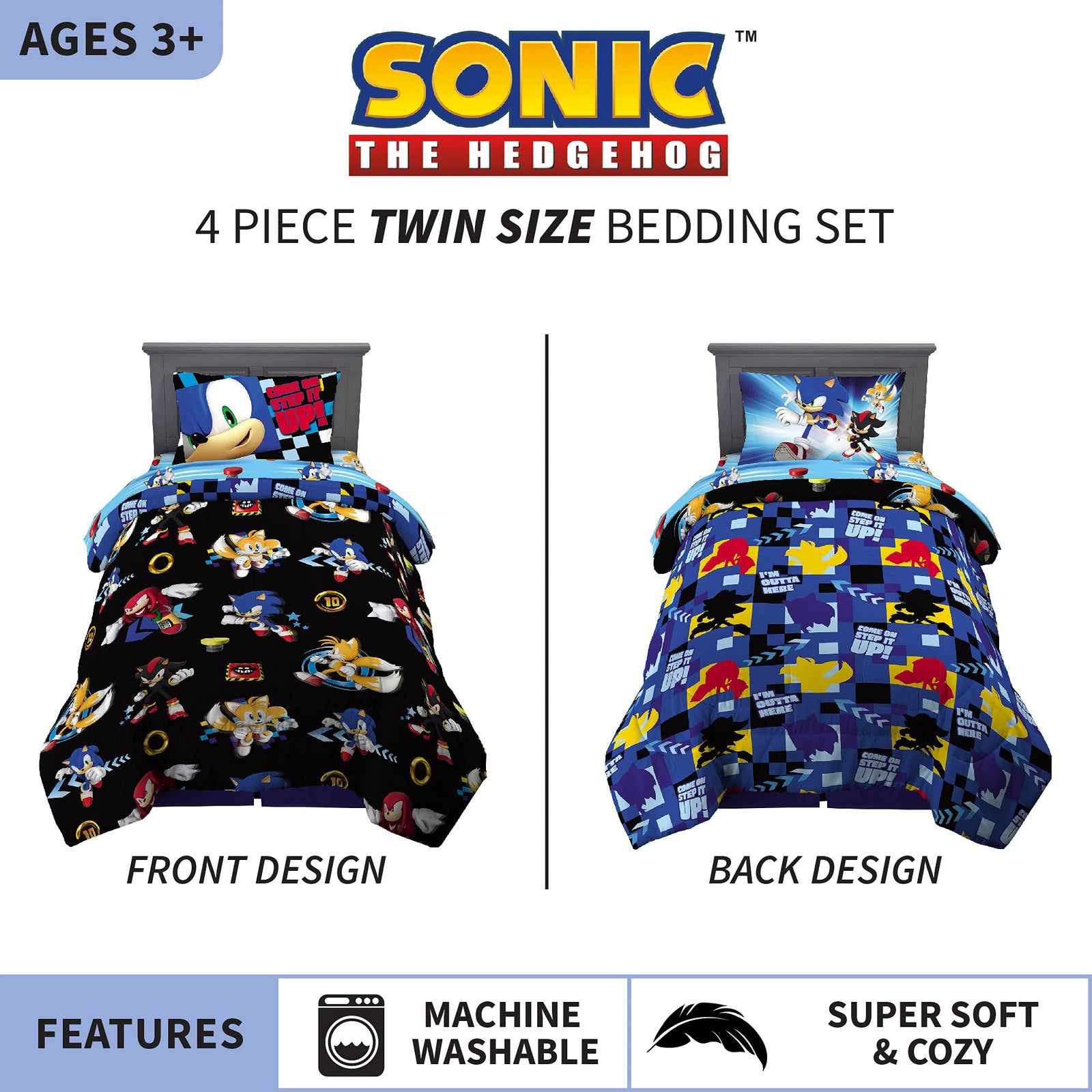 Franco Kids Bedding Super Soft Microfiber Comforter and Sheet Set, 4 Piece Twin Size, Sonic The Hedgehog