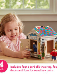 Melissa & Doug Take-Along Wooden Doorbell Dollhouse - Doorbell Sounds, Keys, 4 Poseable Wooden Dolls
