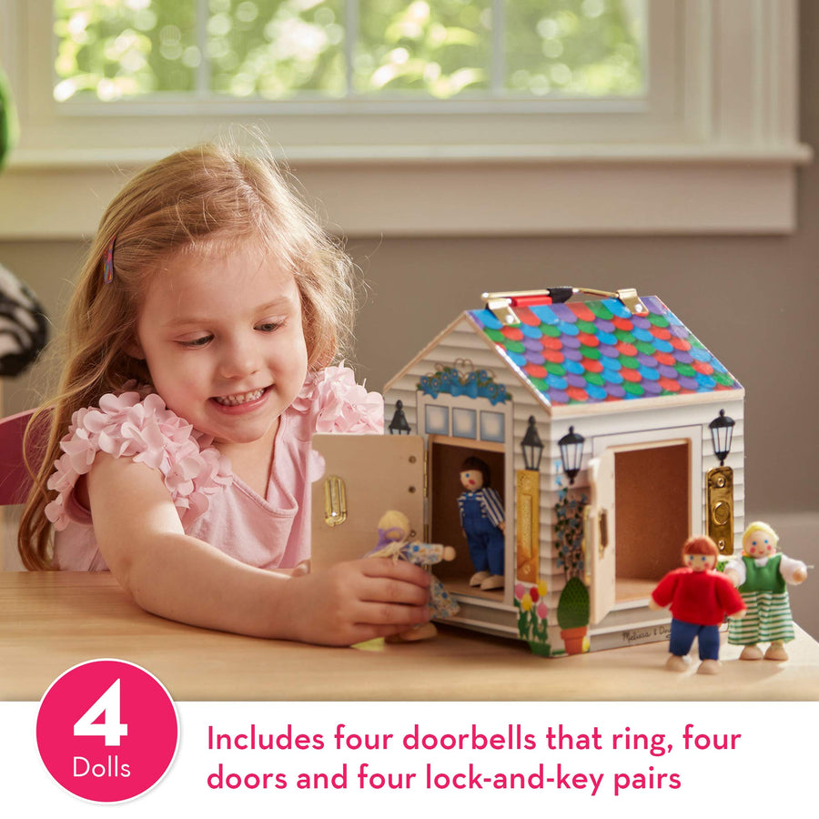 Melissa & Doug Take-Along Wooden Doorbell Dollhouse - Doorbell Sounds, Keys, 4 Poseable Wooden Dolls