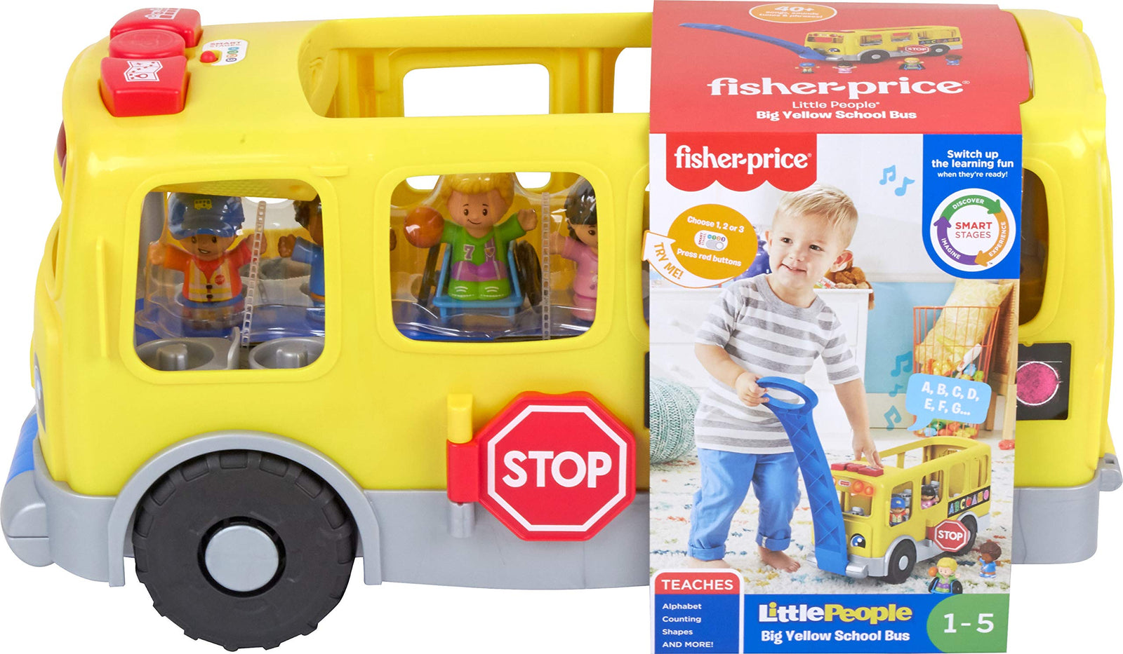 Fisher-Price Little People Big Yellow Bus, musical push and pull toy with Smart Stages for toddlers and preschool kids
