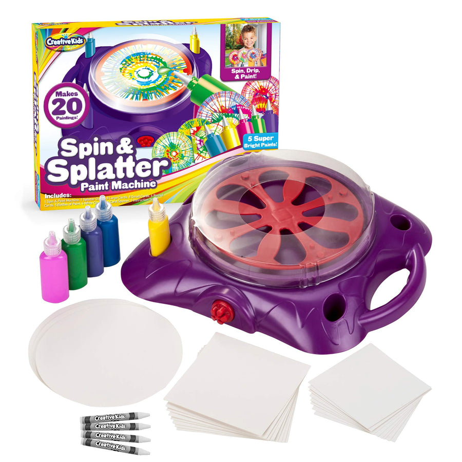 Creative Kids Spin & Paint Art Kit - Spinning Art Machine + Flexible Splatter Guard + 5 Bottles of Paint + 8 Large, 8 Small, 4 Round Cards + 4 White Crayons | Preschool Toddlers, Children & Adults, 6+