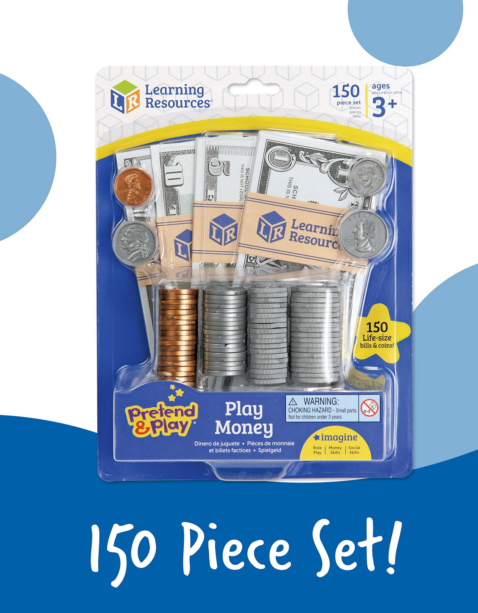 Learning Resources Pretend & Play - Play Money for Kids, Counting, Develops Early Math Skills, Currency, Coins and Bills for Kids, 150 Pieces, Ages 3+