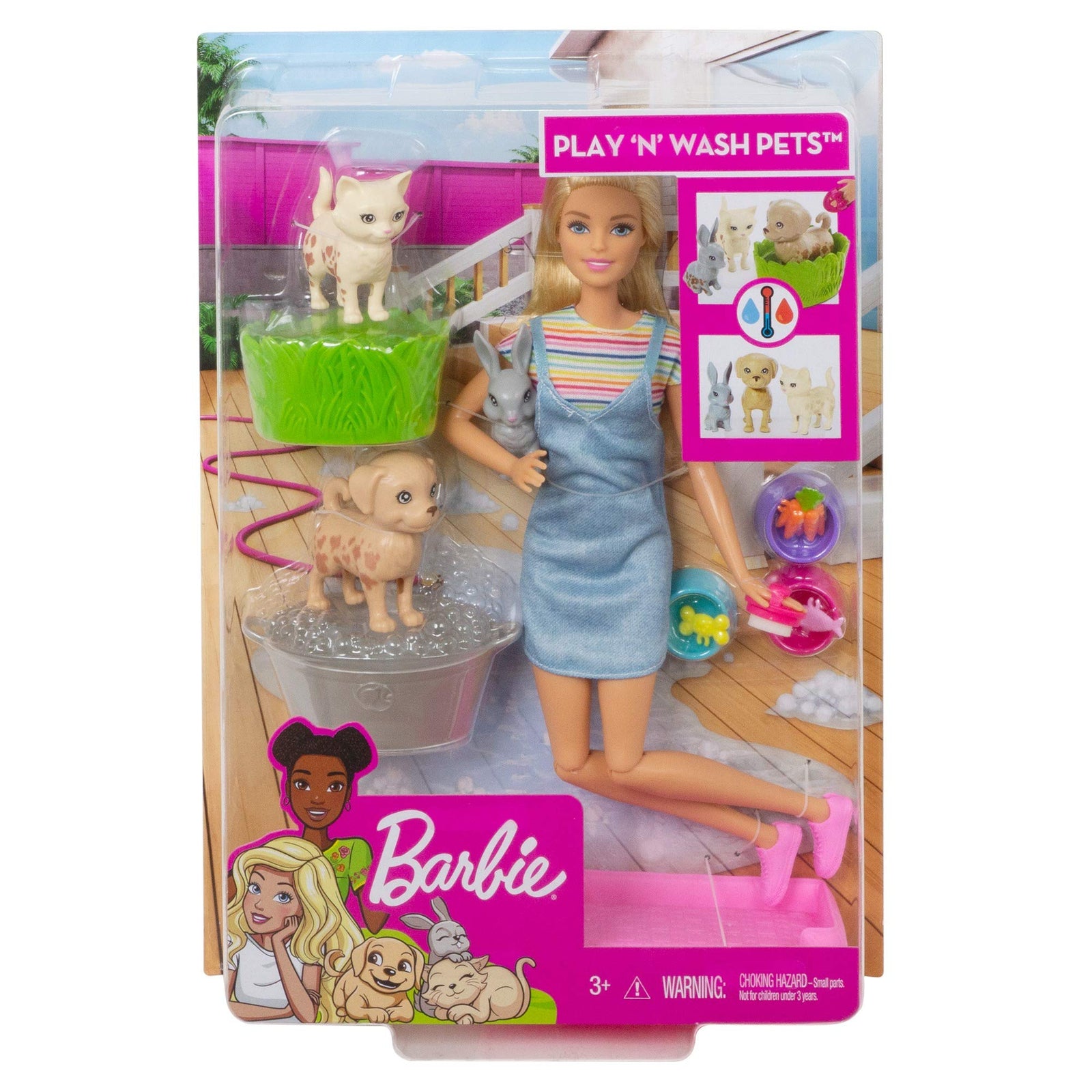 Barbie Play ‘n’ Wash Pets Playset with Blonde Doll, 3 Color-Change Animals a Puppy, Kitten and Bunny and 10 Pet and Grooming Accessories, Gift for 3 to 7 Year Olds
