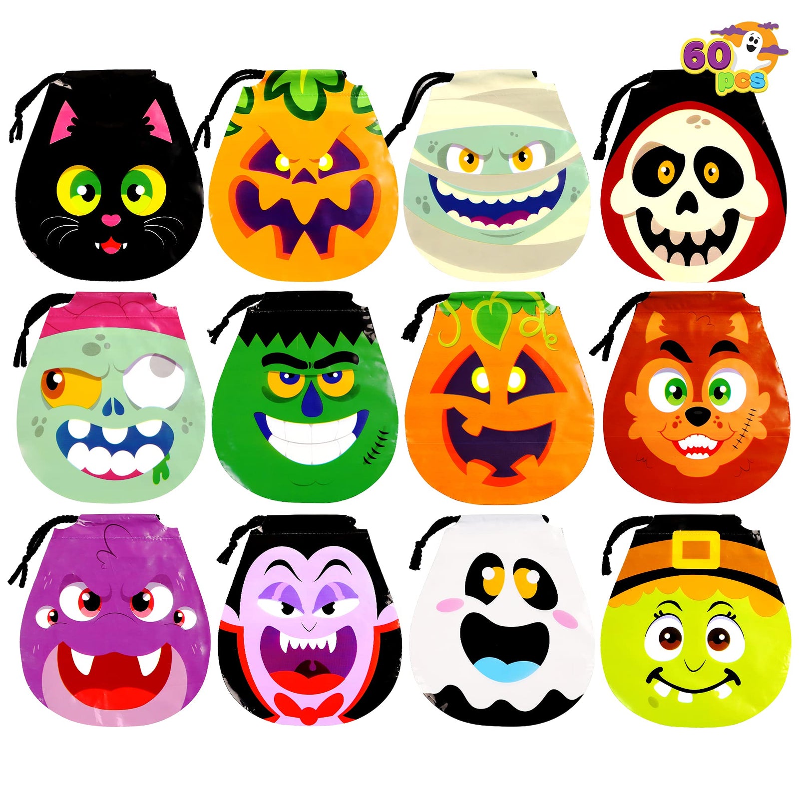 JOYIN 60 Pack Halloween Monster Drawstring Goody Bags for Halloween Trick or Treat Bags, Halloween Party Favors and Supplies, Plastic Goodie Bags for Candy