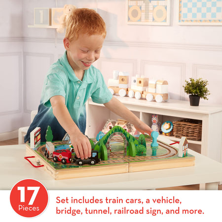 Melissa & Doug 17-Piece Wooden Take-Along Tabletop Railroad, 3 Trains, Truck,Play Pieces, Bridge