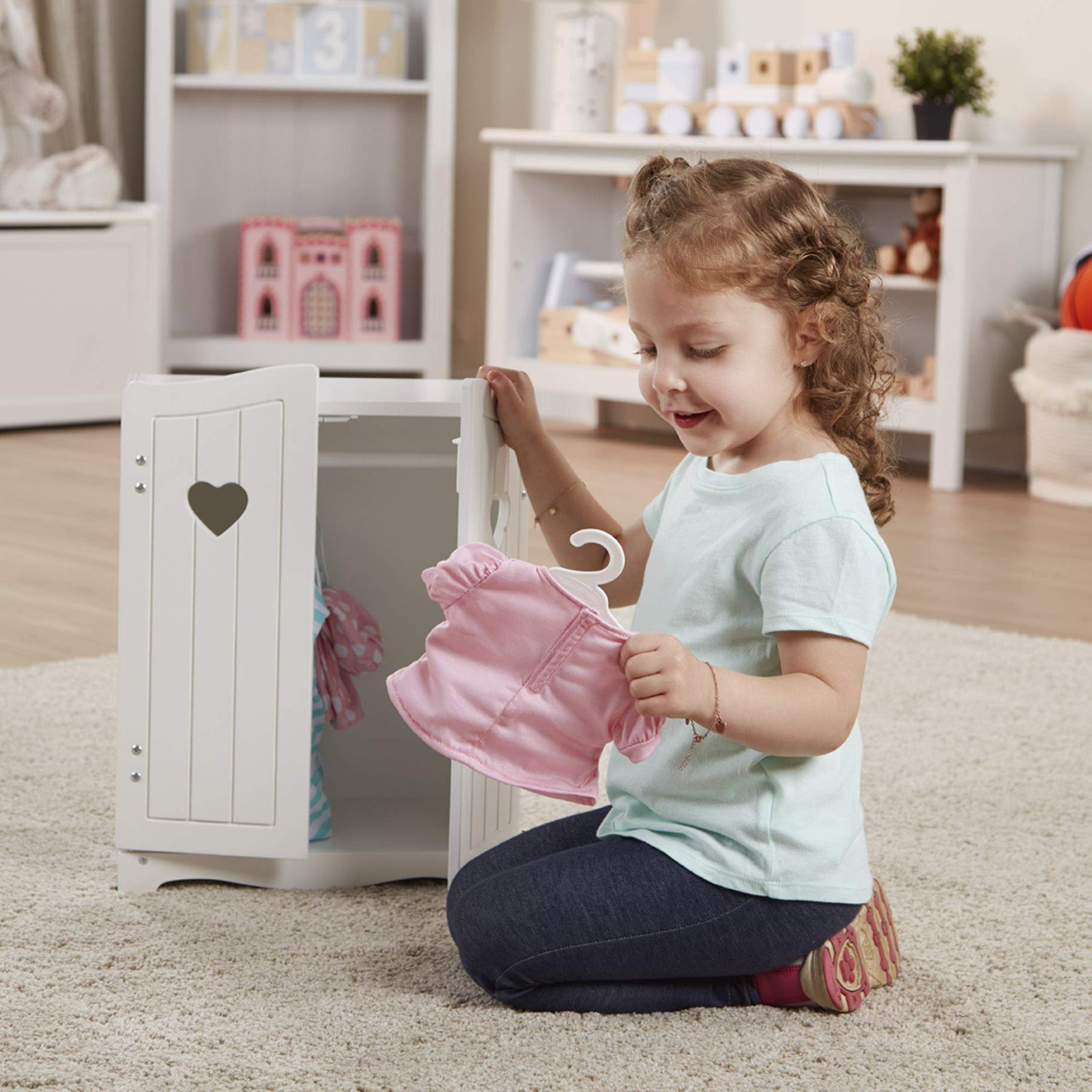 Melissa & Doug Mine to Love Wooden Play Armoire Closet for Dolls, Stuffed Animals - White (17.3”H x 12.4”W x 8.5”D Assembled)