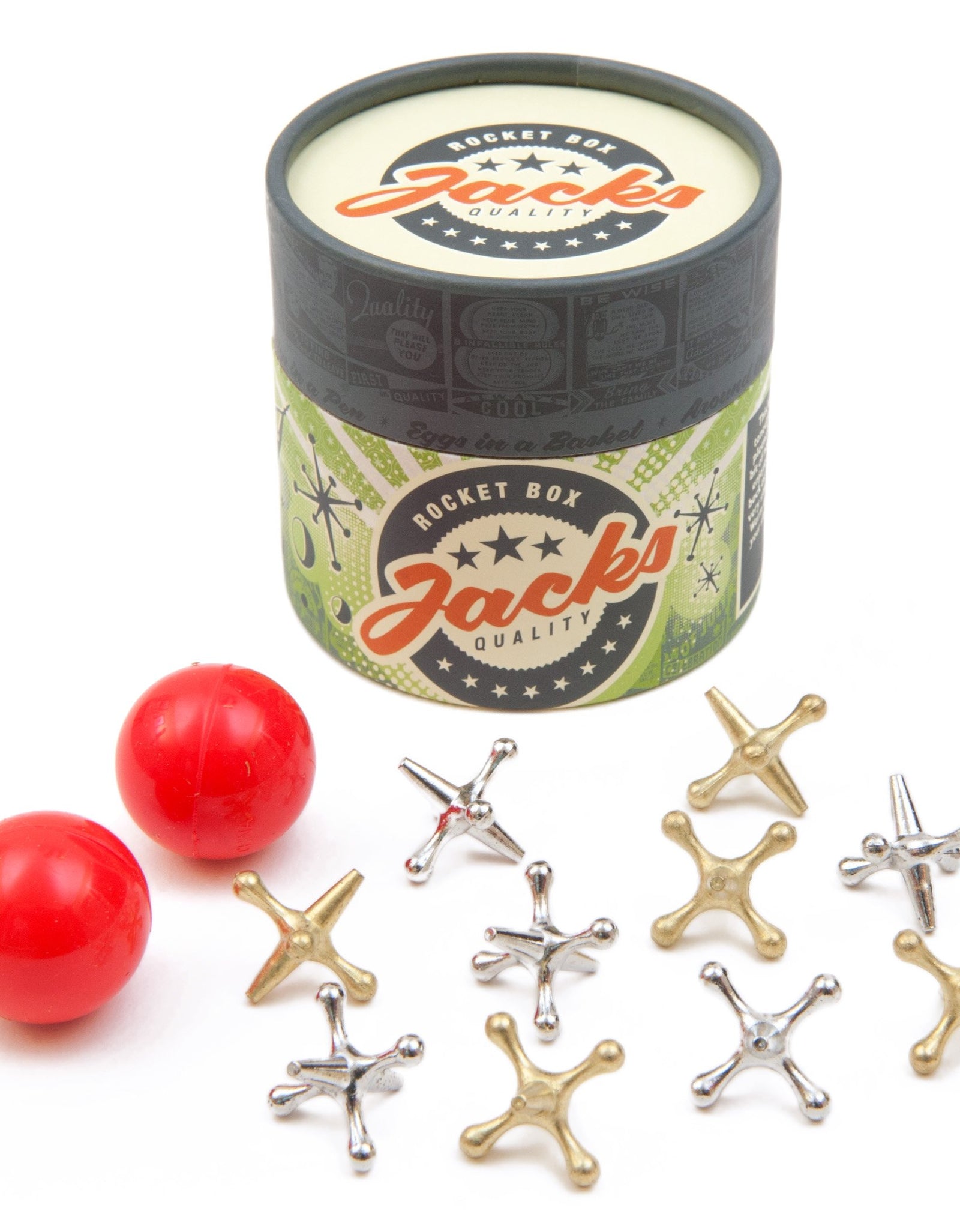 Rocket Box Jacks Game: Retro, New Vintage, Classic Game of Jacks, Gold and Silver Toned Jacks, Two Red Bouncy Balls and Set of Instructions, Fun for Kids and Adults of All Ages.