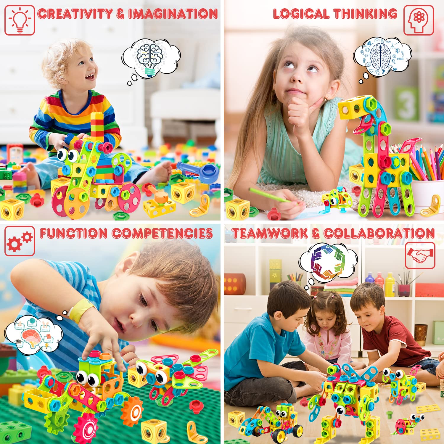 Nxone STEM Toys 195 PCS Building Toys Educational Toys for Boys and Girls Ages 3 4 5 6 7 8 9 10 Construction Building Blocks Toy Building Sets Kids Toys Creative Activities Games with Storage Box
