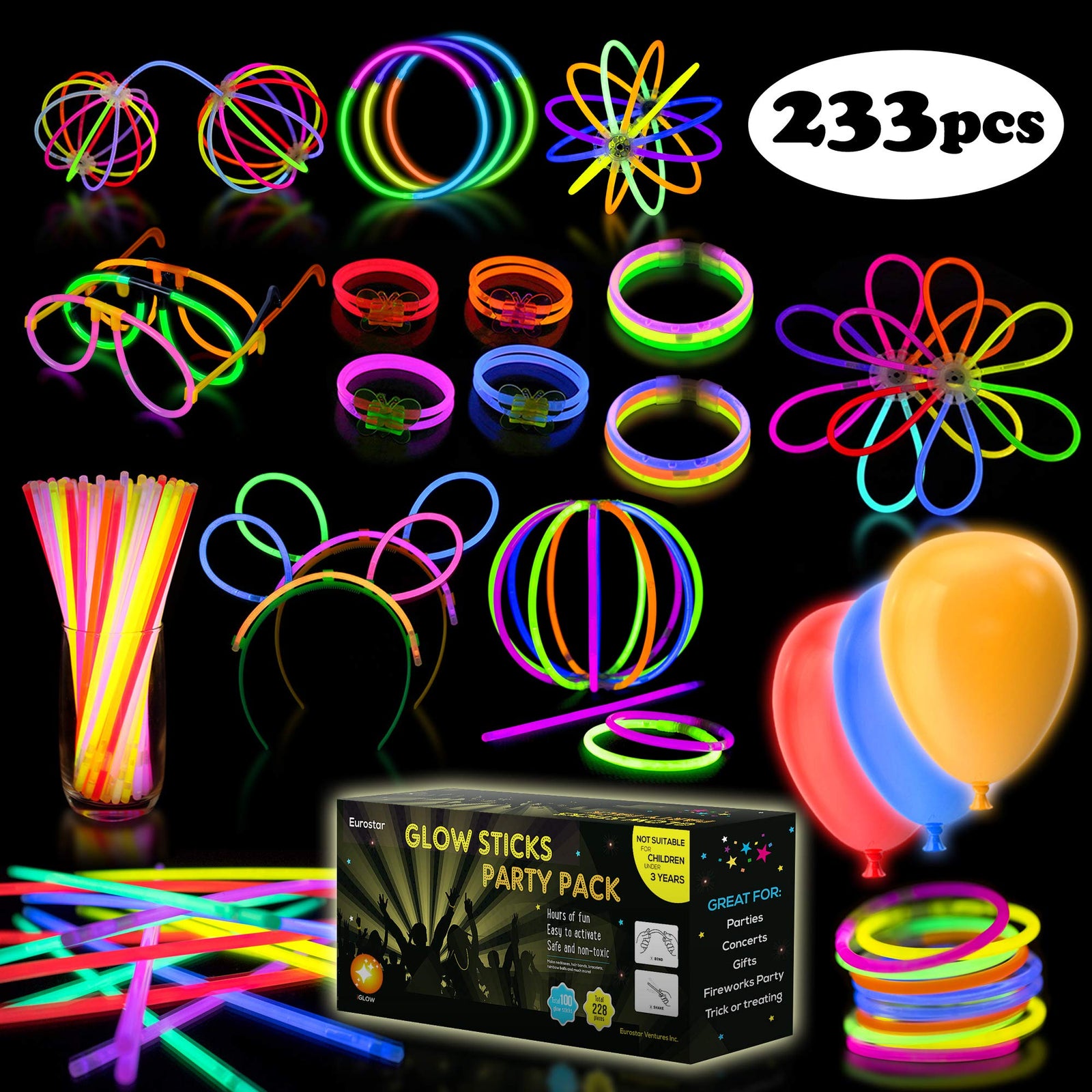 iGlow Glow Sticks Bulk Party Pack Multicolor Non Toxic 233 Pieces Light Stick Set