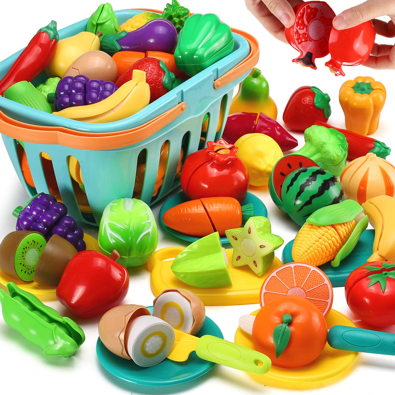 70 PCS Cutting Play Food Toy for Kids Kitchen, Pretend Fruit &Vegetables Accessories with Shopping Storage Basket, Plastic Mini Dishes and Knife, Educational Toy for Toddler Children Birthday Gift