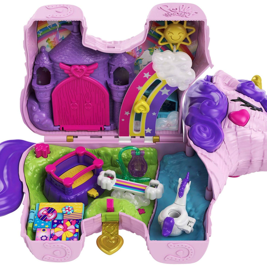 Polly Pocket Unicorn Party Large Compact Playset with Micro Polly & Lila Dolls, 25+ Surprises to Discover & Fun Princess Party Play Areas: Bouncy House, Castle, Swings, Water Floatie & More