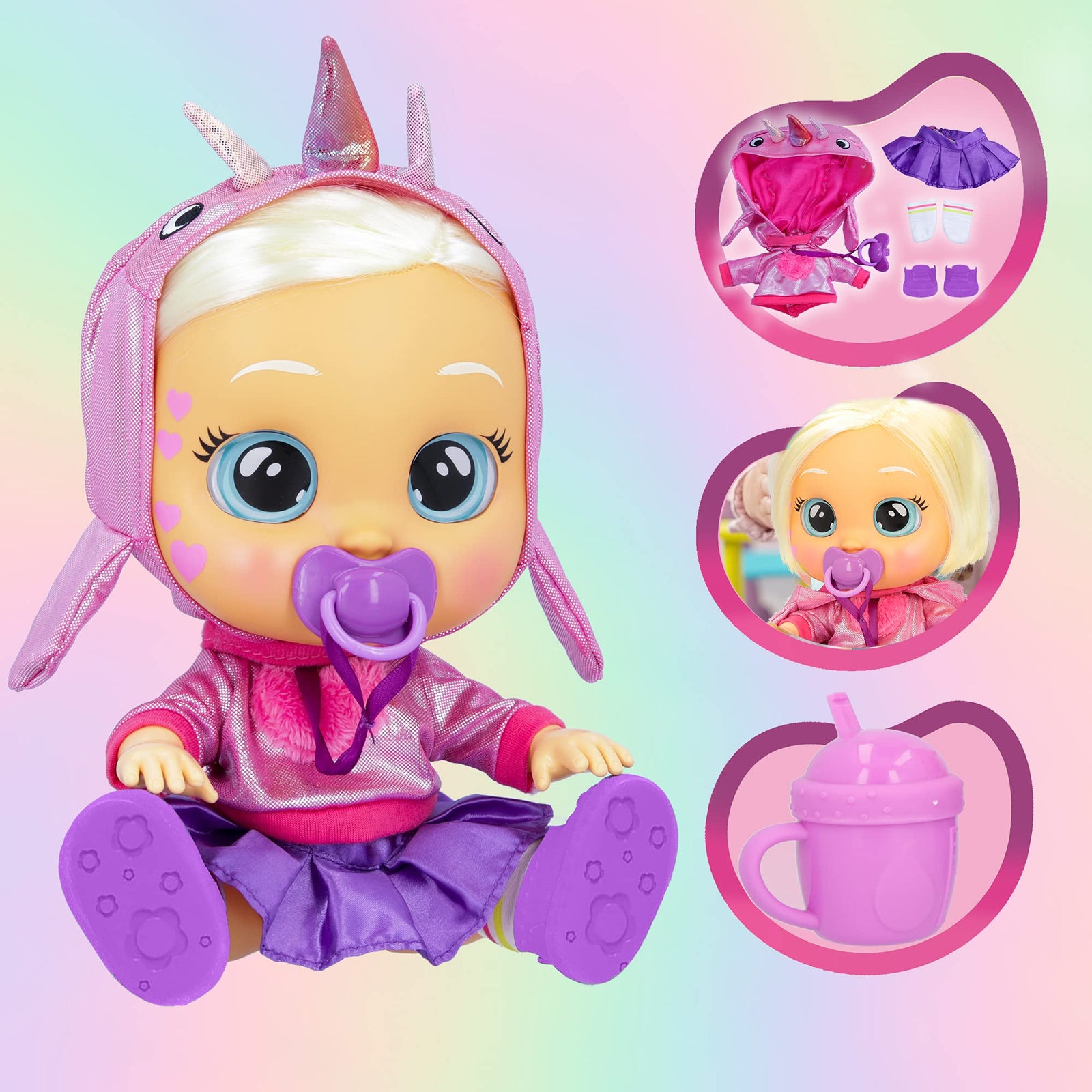 Cry Babies Kiss Me Stella - 12" Baby Doll | Deluxe Blushing Cheeks Feature | Shimmery Changeable Outfit with Bonus Baby Bottle