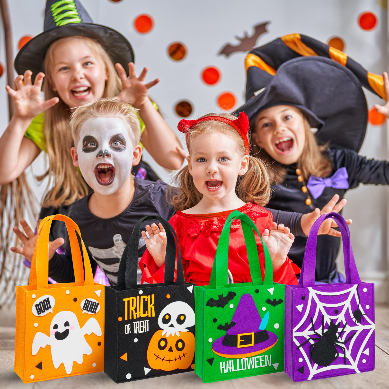 4 Pack Candy Felt Holder Halloween Bags Trick or Treat Gift Bags for Kids, Halloween Boo Spooky Baskets, Trick or Treating Bags, Halloween Candy Bags, Halloween Snacks Bucket, Halloween Goodie Bags